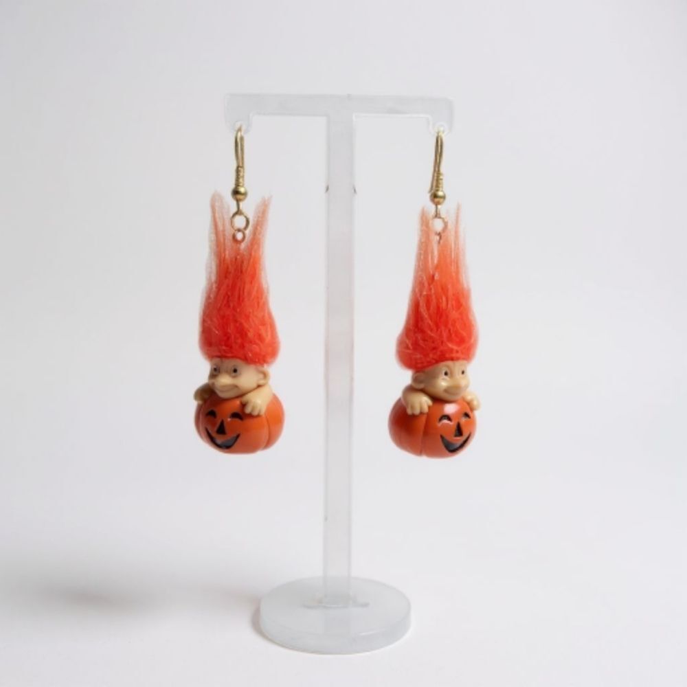 Russ Troll Doll Pumpkin Vintage Halloween Earrings with Orange Hair Peirced